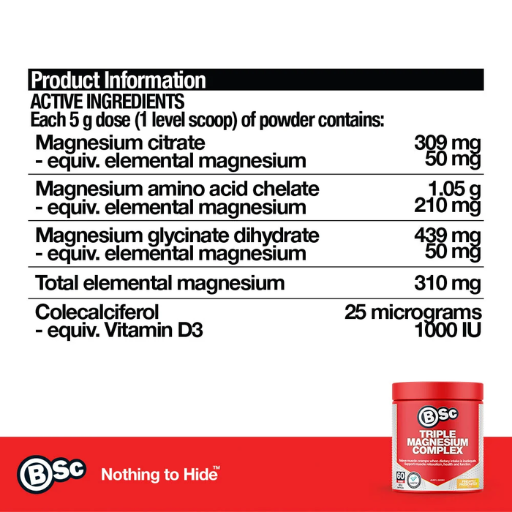 Product information panel for BSc Temple Magnesium Complex powder, showing active ingredients and dosages on a white background with a red footer containing the BSc logo.