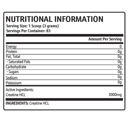 Nutritional information label for a product with active ingredient Creatine HCL on a white background