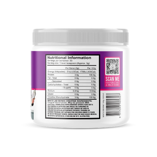 A white plastic tub of creatine powder with a purple label, showing the back side with a nutrition facts panel, QR code, and barcode on a white background.