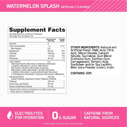 A product information card for Watermelon Splash artificially flavored electrolyte drink mix. The card features a pink and white striped header, a white background with a subtle diagonal grid, a black supplement facts label, and text detailing ingredients and serving size.