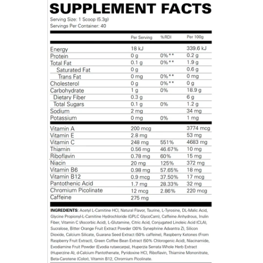 A supplement facts label showing a nutrition table for a scoop product, with bold black text on a white background and a list of ingredients below.
