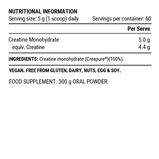 Nutritional information and ingredient list for a creatine supplement on a white background