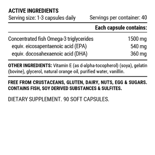 Supplement label detailing active ingredients and other components on a white background