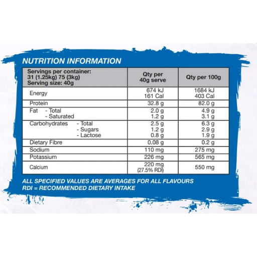 Nutrition information label for a product, showing serving size 40g and quantities per 100g for energy, protein, fat, carbohydrates, dietary fibre, sodium, potassium, and calcium. The label has a white background with blue text and a blue painter-style border.