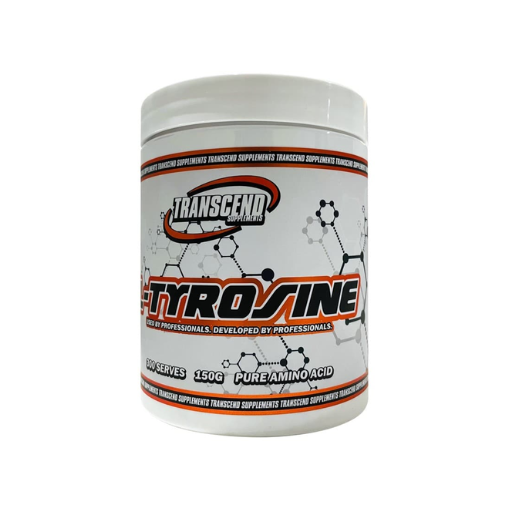 A white plastic tub of Transcena Tyrosine dietary supplement powder on a solid white background.