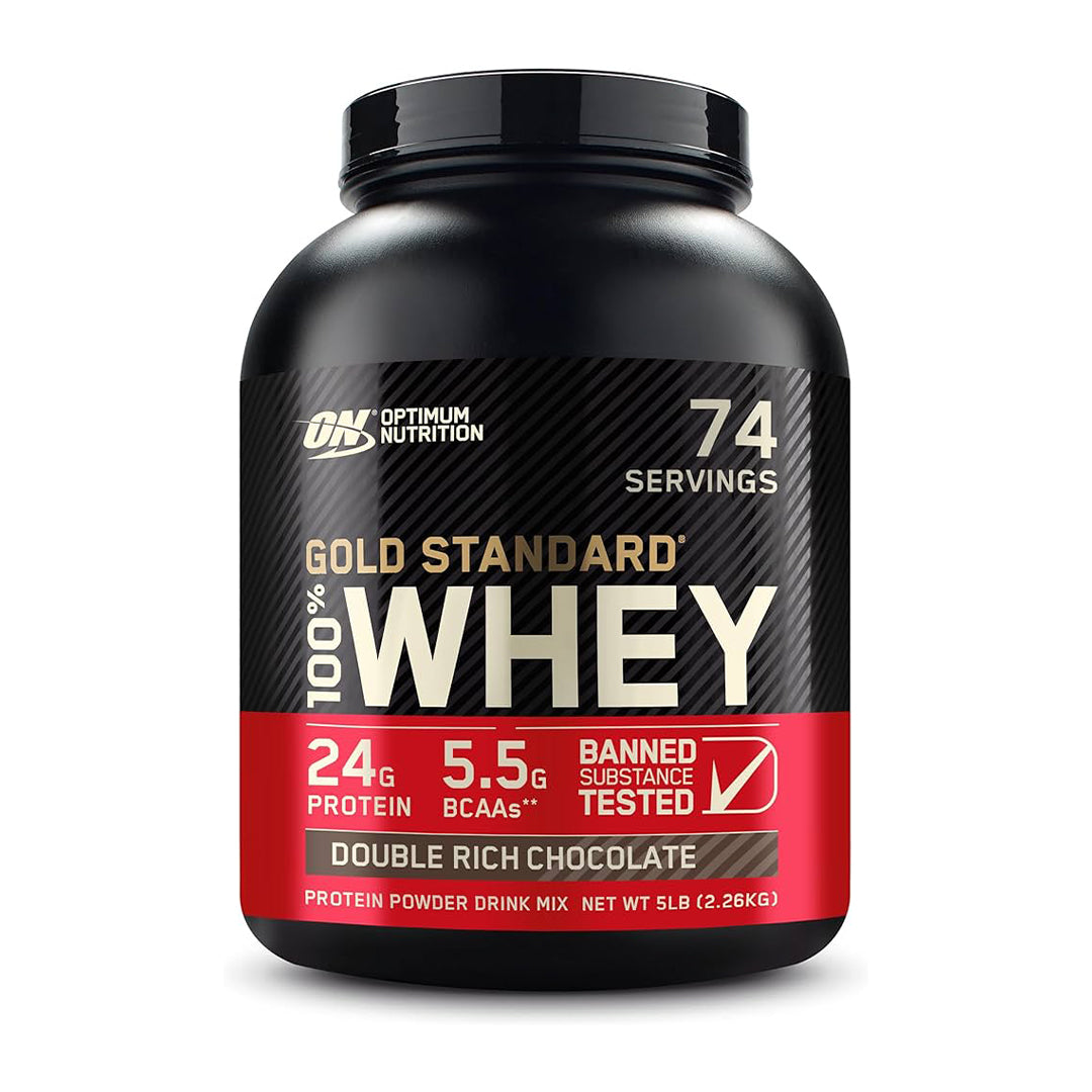 A container of Optimum Nutrition 100% Gold Standard Whey Protein in double rich chocolate flavor, with 74 servings, displaying the product information on the label.