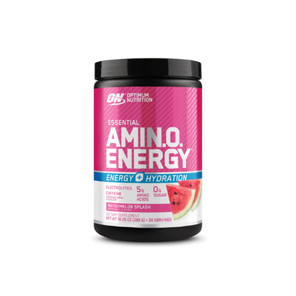 A container of Optimum Nutrition Essential Amino Energy with Hydration supplement, with a watermelon slice depicted on the label.
