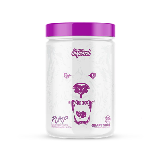 A white plastic tub of Inspired Pump Grape Soda flavored powder with a bright purple lid and purple graphic design on the front.