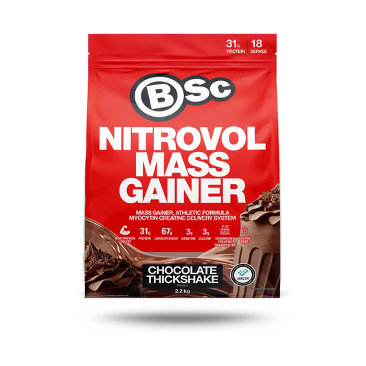 A red and white package of BSC Nitrovol Mass Gainer, with an image of a chocolate thick shake, indicating a high protein content and creatine delivery system