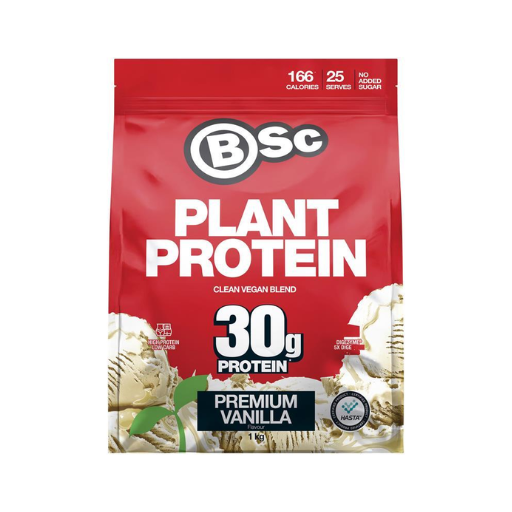 A 1kg bag of BSc Plant Protein Premium Vanilla flavor, featuring a red packaging design with white text and vanilla ice cream illustrations at the bottom.