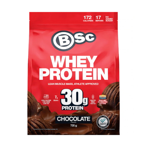 A 720 g bag of BSc Whey Protein Chocolate flavor. The packaging is bright red with white and black text, featuring images of chocolate protein powder clumps and chocolate-covered fruit on the bottom, with the BSc logo at the top.