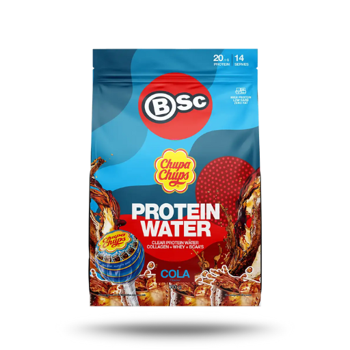 A bag of BSc Chupa Chups Protein Water in Cola flavor, featuring a blue and red design with illustrations of chocolate syrup and a Chupa Chups lollipop, on a white background with a soft shadow.