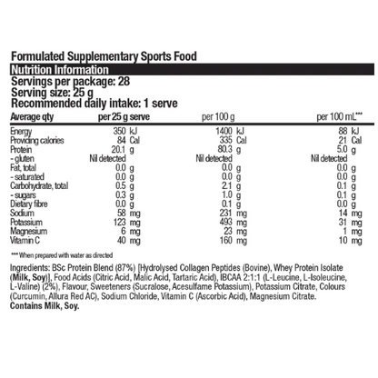 A black and white nutrition facts label for a formulated sports food, showing serving size, calories, protein, fat, carbohydrates, and ingredients.