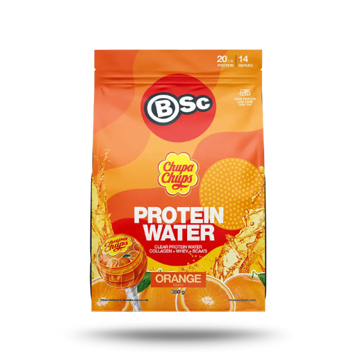 A 350g stand-up pouch of BSc Chupa Chups Protein Water in Orange flavor, featuring orange graphics, Chupa Chups branding, and a protein splash illustration on a white background.
