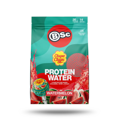 A bag of BSc Chupa Chups Protein Water in Watermelon flavor, featuring a teal and red design with illustrations of watermelons and a lollipop, on a white background with a soft shadow.