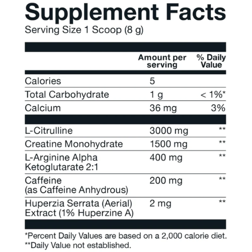 Supplement Facts label showing a daily supplement nutrition table with serving size 1 scoop (8 g) and listed ingredients including L-Citrulline, Creatine Monohydrate, L-Arginine Alpha Ketoglutarate 2:1, Caffeine, and Huperzia Serrata (Aerial).