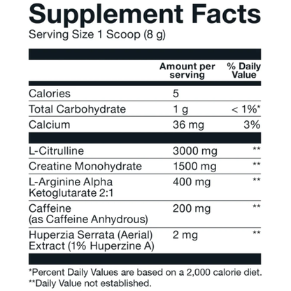Supplement Facts label showing a daily supplement nutrition table with serving size 1 scoop (8 g) and listed ingredients including L-Citrulline, Creatine Monohydrate, L-Arginine Alpha Ketoglutarate 2:1, Caffeine, and Huperzia Serrata (Aerial).