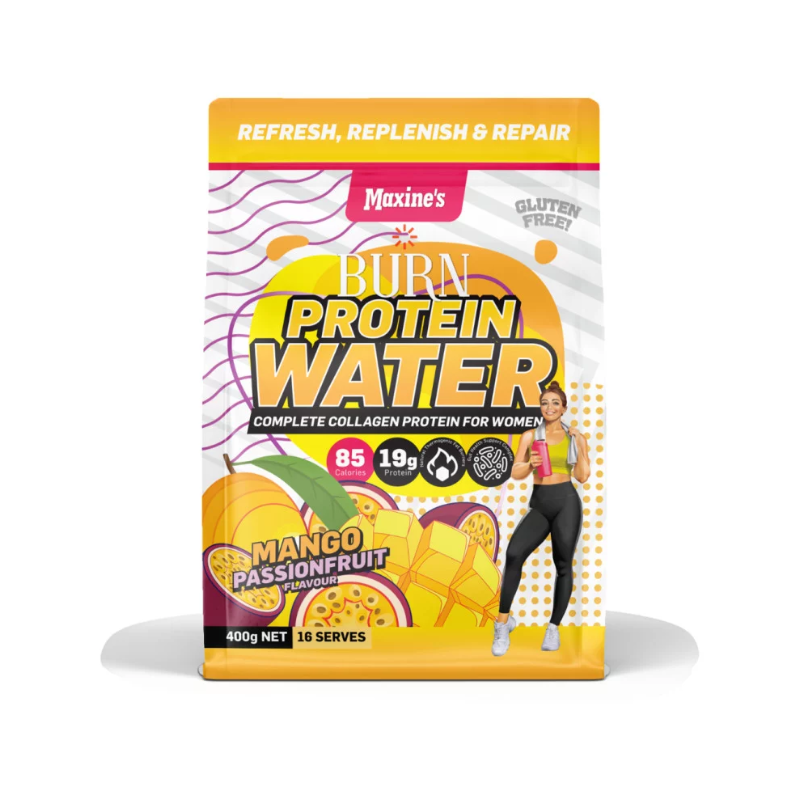 A package of Maxine's Burn Protein Water, featuring a graphic of a woman and sliced fruits, with text highlighting the product's benefits and flavor.