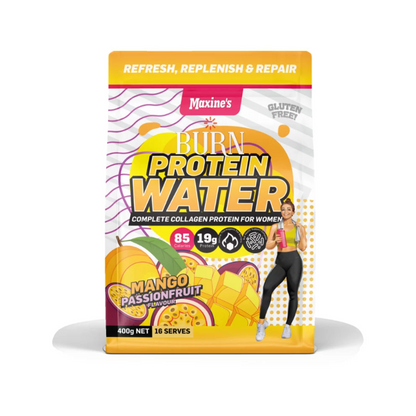 A package of Maxine's Burn Protein Water, featuring a graphic of a woman and sliced fruits, with text highlighting the product's benefits and flavor.