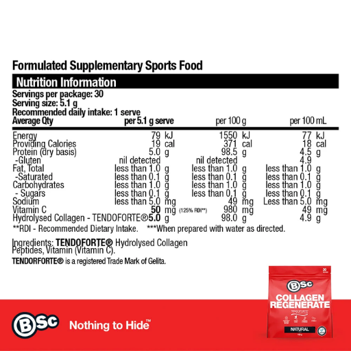 Nutrition information label for Tendo Forte Hydrolysed Collagen Peptides, Vitamin (Vitamin C) and L-Arginine in a 5.1 g serving.
