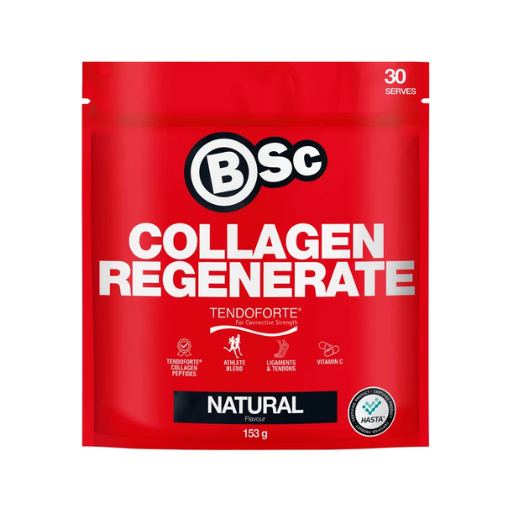A red stand-up pouch of BSc Collagen Regenerate Natural Flavour, 153 g, with white and black text and a white BSc logo on a plain white background.