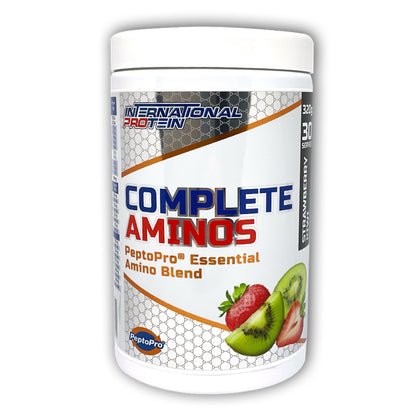 A container of Complete Aminos, which is a powdered supplement containing essential amino acids, marketed for muscle recovery and performance enhancement. The container is labeled with the product name, a brief description, and an image of a sliced strawberry, indicating the flavor or natural color enhancement.