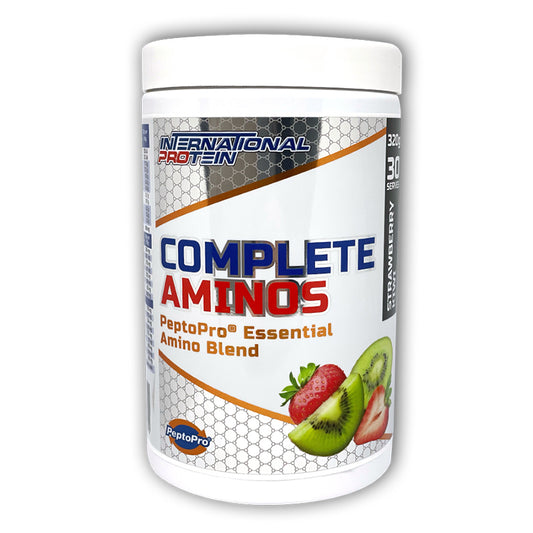 A container of Complete Aminos, which is a powdered supplement containing essential amino acids, marketed for muscle recovery and performance enhancement. The container is labeled with the product name, a brief description, and an image of a sliced strawberry, indicating the flavor or natural color enhancement.