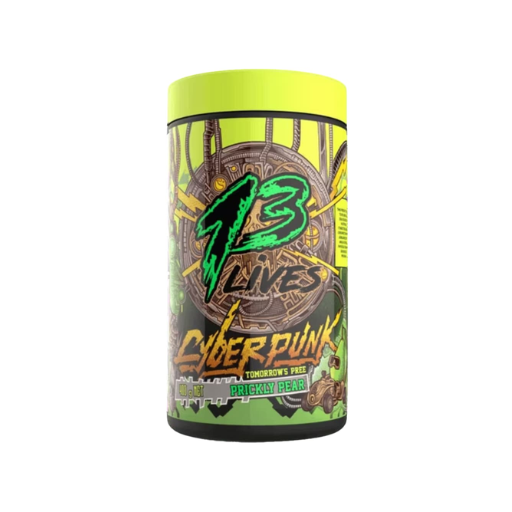 A container of 'Cyber Punk Pree' supplement with a vibrant green and black design, featuring the number 13 and text that describes the product as a pre-workout supplement.