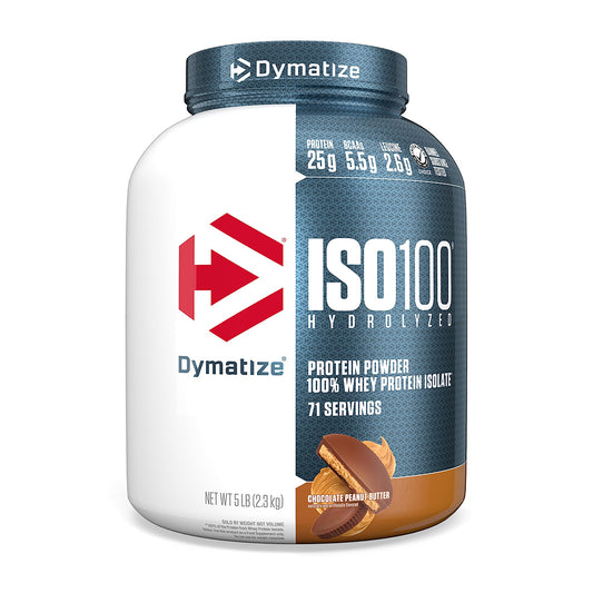 A container of Dymatize ISO100 Whey Protein Isolate, with the front label displaying the product name, brand, and key features such as '100% Whey Protein Isolate', '77 servings'.