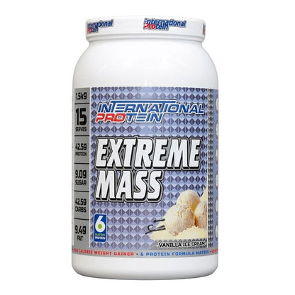 A container of International Protein Extreme Mass, a dangerously anabolic weight gainer with a blue and white label, featuring images of ice cream and a scoop with the product name and weight (1.5kg) prominently displayed.