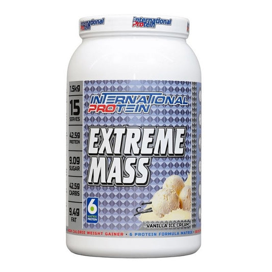 A container of International Protein Extreme Mass, a dangerously anabolic weight gainer with a blue and white label, featuring images of ice cream and a scoop with the product name and weight (1.5kg) prominently displayed.