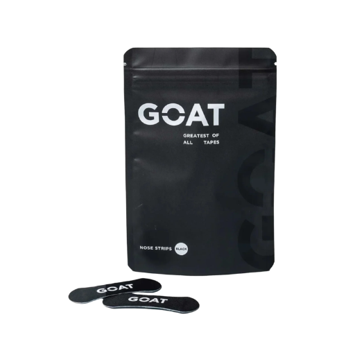 Black packaging of GOAT nose strips with two strips in front on a white background