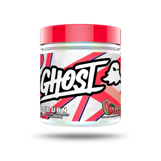A container of GHOST BURN supplement with a predominantly white label that has red and black text, and a graphic of a skull and crossbones in white on a red background.