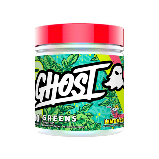 A container of GHOST GREENS superfood powder, with a colorful label that includes green leaves and the brand's logo.