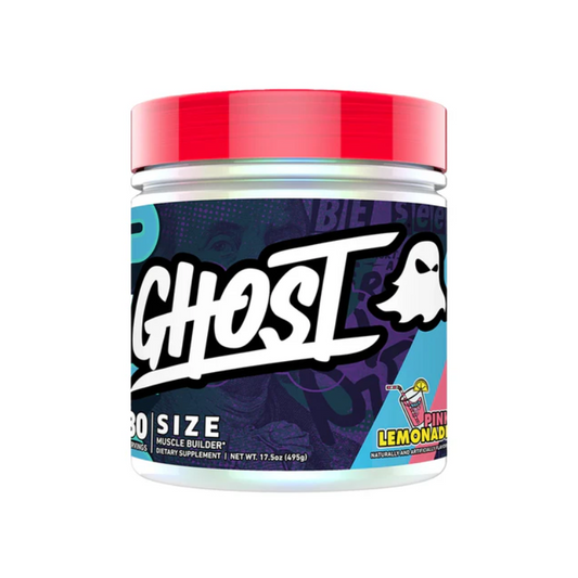 A container of GHOST branded recovery supplement. The container is white with a red lid and a label that includes multicolored graphics and text.