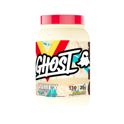 Ghost whey protein container with a colorful label on a white background