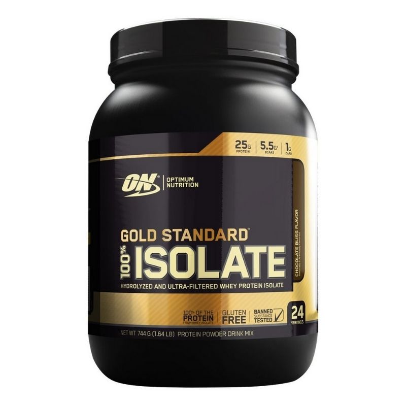 A container of Optimum Nutrition Gold Standard Isolate, which is a whey protein isolate supplement.