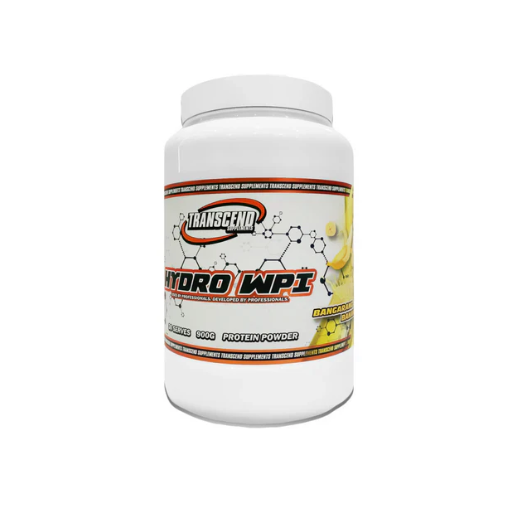 A container of Hydro WPI protein powder by Transcend Supplements, with a white background and scientific graphics on the label.