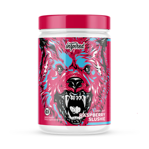 A container of INSPIRED pre-workout supplement with a graphic of a bear's face on the label, labeled as 'Raspberry Slushie'.