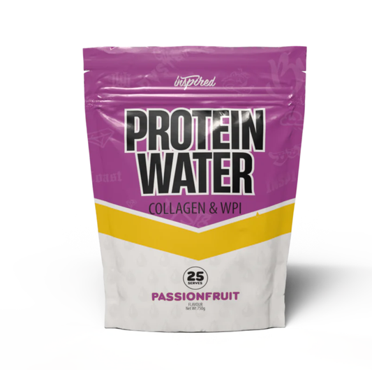 A stand-up pouch of Inspired Protein Water Collagen & WPI in Passionfruit flavor. The packaging features a purple top half with bold black and white text, a yellow chevron band, and a white bottom half.