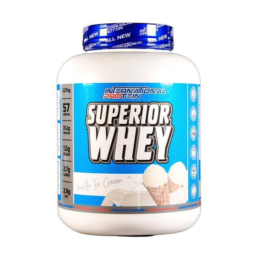 A container of International Protein Superior Whey, showing the brand name, product name, weight, and other features