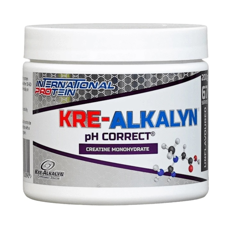 A container of Kre-Alkalyn creatine monohydrate, labeled 'pH Correct', from International Protein.