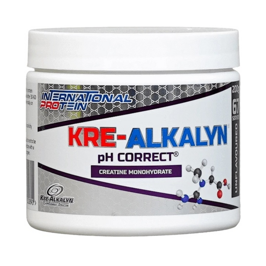 A container of Kre-Alkalyn creatine monohydrate, labeled 'pH Correct', from International Protein.