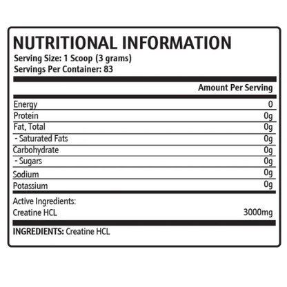 Nutritional information label for a product with active ingredient Creatine HCL on a white background