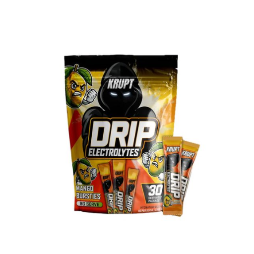 Krupt Drip Electrolytes packaging with a black hooded figure and mango flavor graphics on a white background.