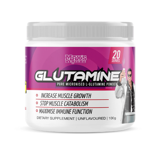 A container of Max's Lab Series Glutamine, which is a white powdered supplement. The container is labeled with the product name and benefits such as 'increase muscle growth', 'stop muscle catabolism', and 'maximise immune function'.