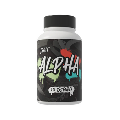 A container of Legit Alpha supplement with a colorful design featuring abstract shapes and the brand name prominently displayed.
