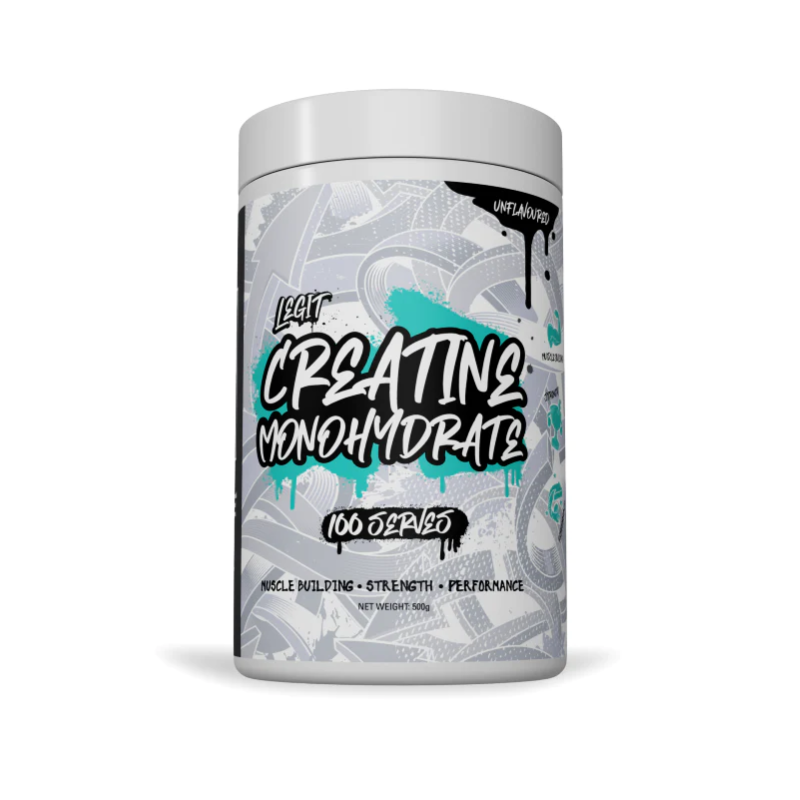 A container of Legit Creatine Monohydrate, with a design that includes a stylized monkey and various abstract designs in black, white, and teal colors, emphasizing the product's focus on strength and endurance.