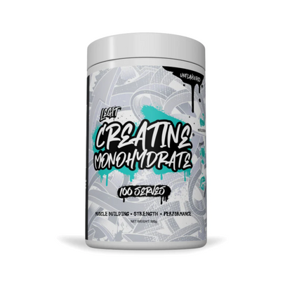 A container of Legit Creatine Monohydrate, with a design that includes a stylized monkey and various abstract designs in black, white, and teal colors, emphasizing the product's focus on strength and endurance.