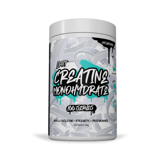 A container of Legit Creatine Monohydrate, with a design that includes a stylized monkey and various abstract designs in black, white, and teal colors, emphasizing the product's focus on strength and endurance.